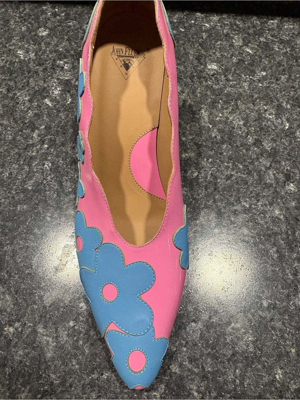 John Fluevog Pink Pumps with Blue Floral Appliqués - Picture 2 of 8
